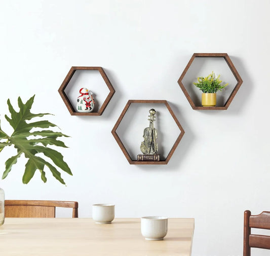 HexaWood Floating Wall Shelves – Rustic Hexagon Wooden Decor for Living & Dining Spaces