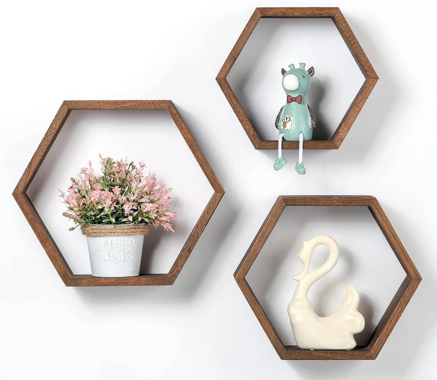 HexaWood Floating Wall Shelves – Rustic Hexagon Wooden Decor for Living & Dining Spaces