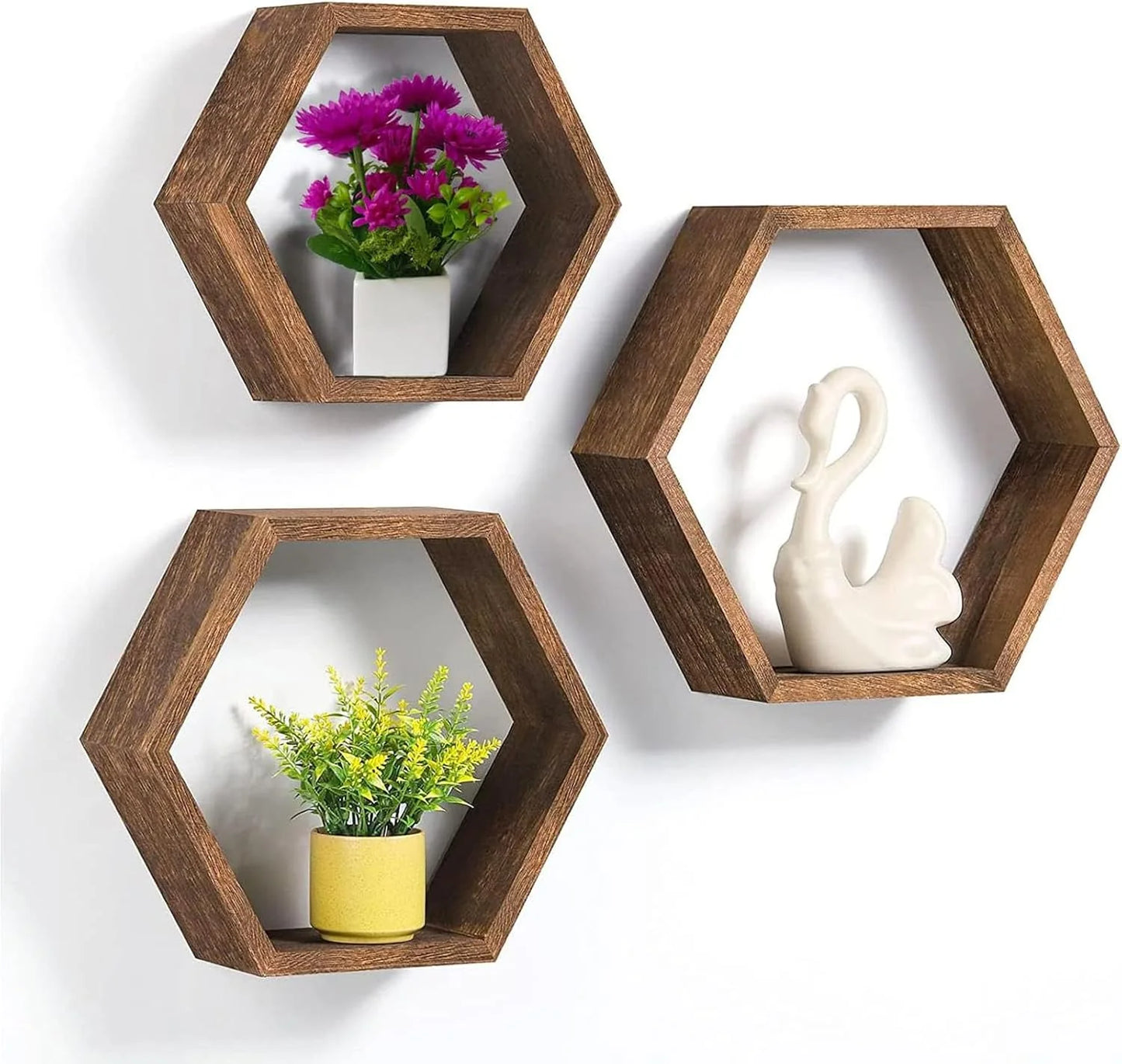HexaWood Floating Wall Shelves – Rustic Hexagon Wooden Decor for Living & Dining Spaces
